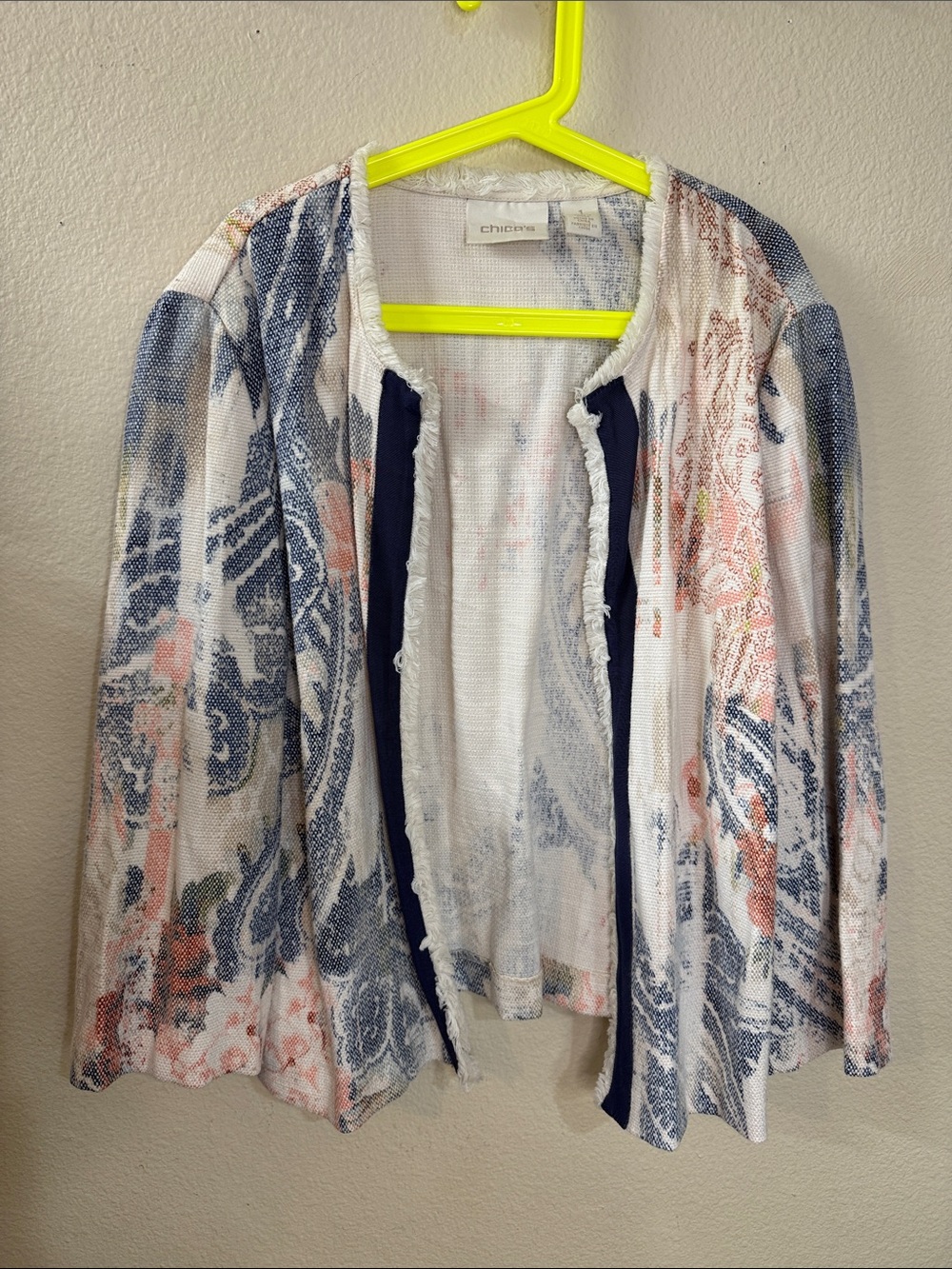 Chico's Navy, Coral & Cream Open-Front Patterned Cardigan